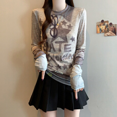 批发实拍2026<b class='q'>春</b>季新款大码女时尚显瘦设计小众印花拼色假两件T恤上衣