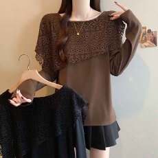 批发实拍2026<b class='q'>春</b>季新款大码时尚高级蕾丝披肩缕空拼接正肩显瘦T恤上衣