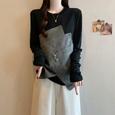 批发实拍2026<b class='q'>春</b>季新款大码女时尚减龄百搭显瘦设计拼接假两件T恤上衣