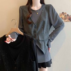 实拍2026春季新款大码女时尚洋气重工亮片宽松显瘦百搭假两件T恤