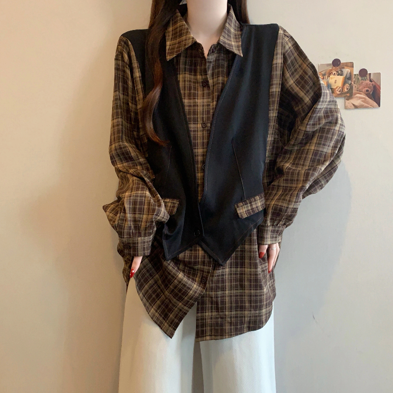 실사 2026 봄 새로운 빅 사이즈 여성 의류 레트로 패션 루즈핏 다용도 체크무늬 페이크 레이어드 셔츠 맨위