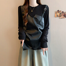 批发实拍2026春季新款大码女时尚设计感PU皮假两件收腰显瘦不规则上衣