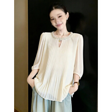 批发实拍2026夏季<b class='q'>新款</b>大码时尚气质宽松显瘦重工镶钻压皱雪纺衬衫上衣