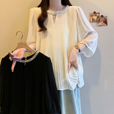 批发实拍2026夏季<b class='q'>新款</b>大码时尚气质宽松显瘦重工镶钻压皱雪纺衬衫上衣