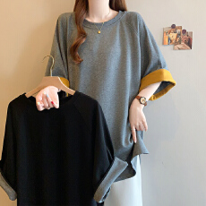 批发实拍2026夏季新款<b class='q'>大码</b><b class='q'>韩版</b>时尚宽松显瘦撞色翻袖休闲百搭T恤上衣