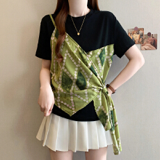 批发<b class='q'>实拍</b>2026夏季新款<b class='q'>大码</b>女时尚气质拼接设计假两件系带收腰显瘦T恤