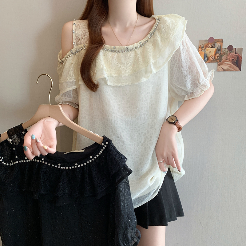 RY3573# 实拍2026夏季新款大码韩版时尚宽松显瘦重工蕾丝拼接镶钻露肩T恤