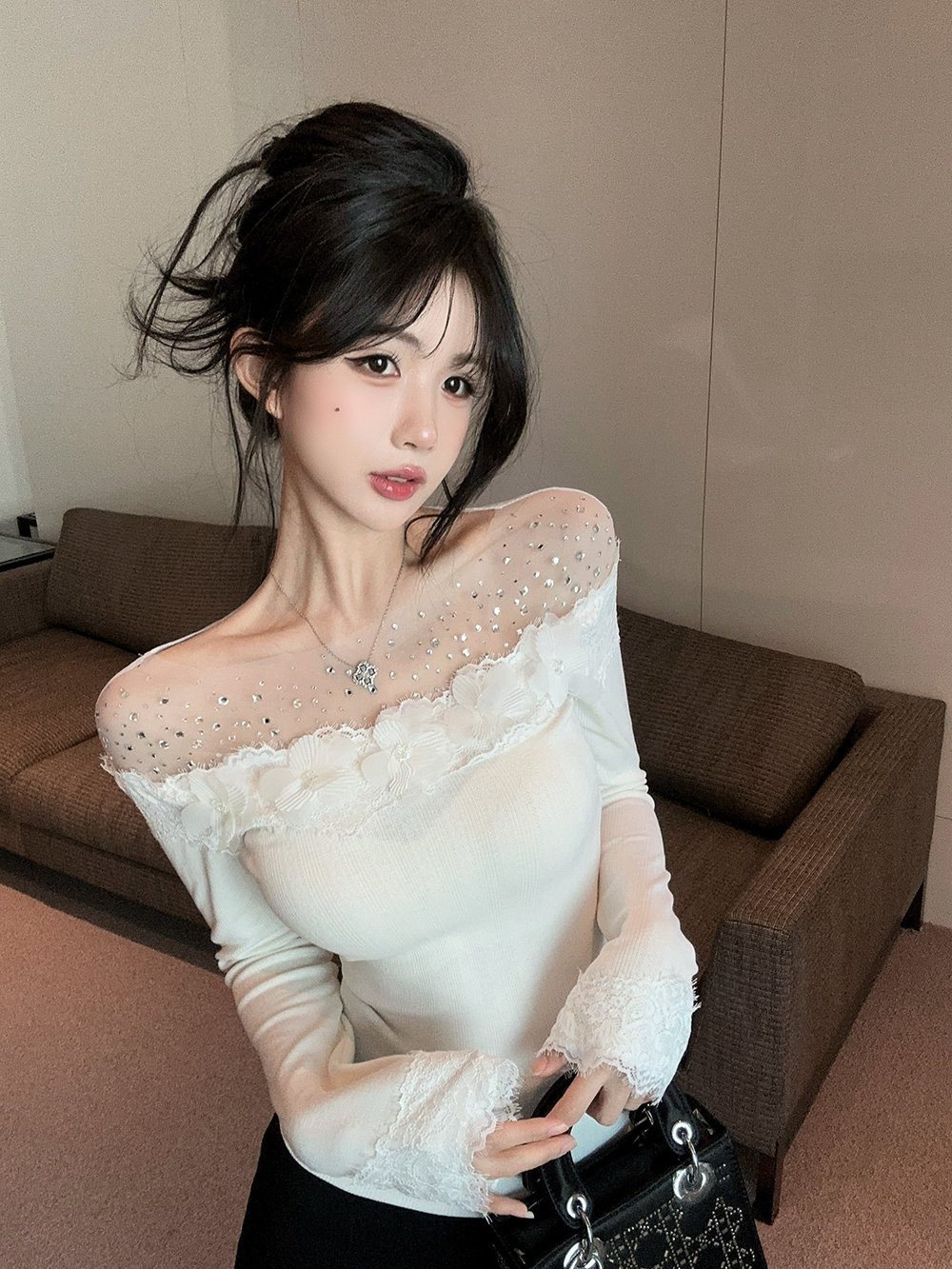 실사 정가 새로운 한 부서 가을 겨울 망사 핫픽스 레이스 조각 기본 셔츠 여성 몸매 가꾸기 외출용 맨위
