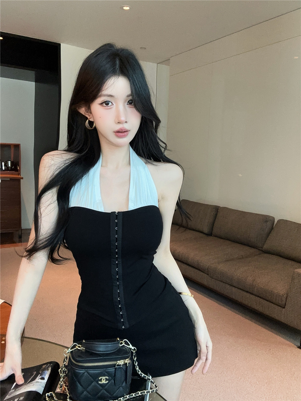 실사 정가 배색 패치워크 행침 목 캐미솔 봄 여름 외출용 핫걸 백리스 허리 수축 코르셋 맨위