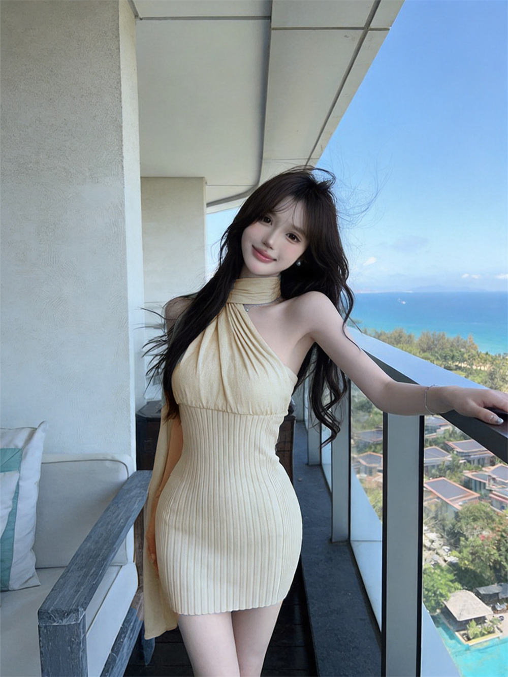 실사 정가 프랑스식 순수한 욕망 바람 행침 목 리본 여성 드레스 여름 허리 수축 슬림해 보이는 니트 타이트 스커트 미니 스커트