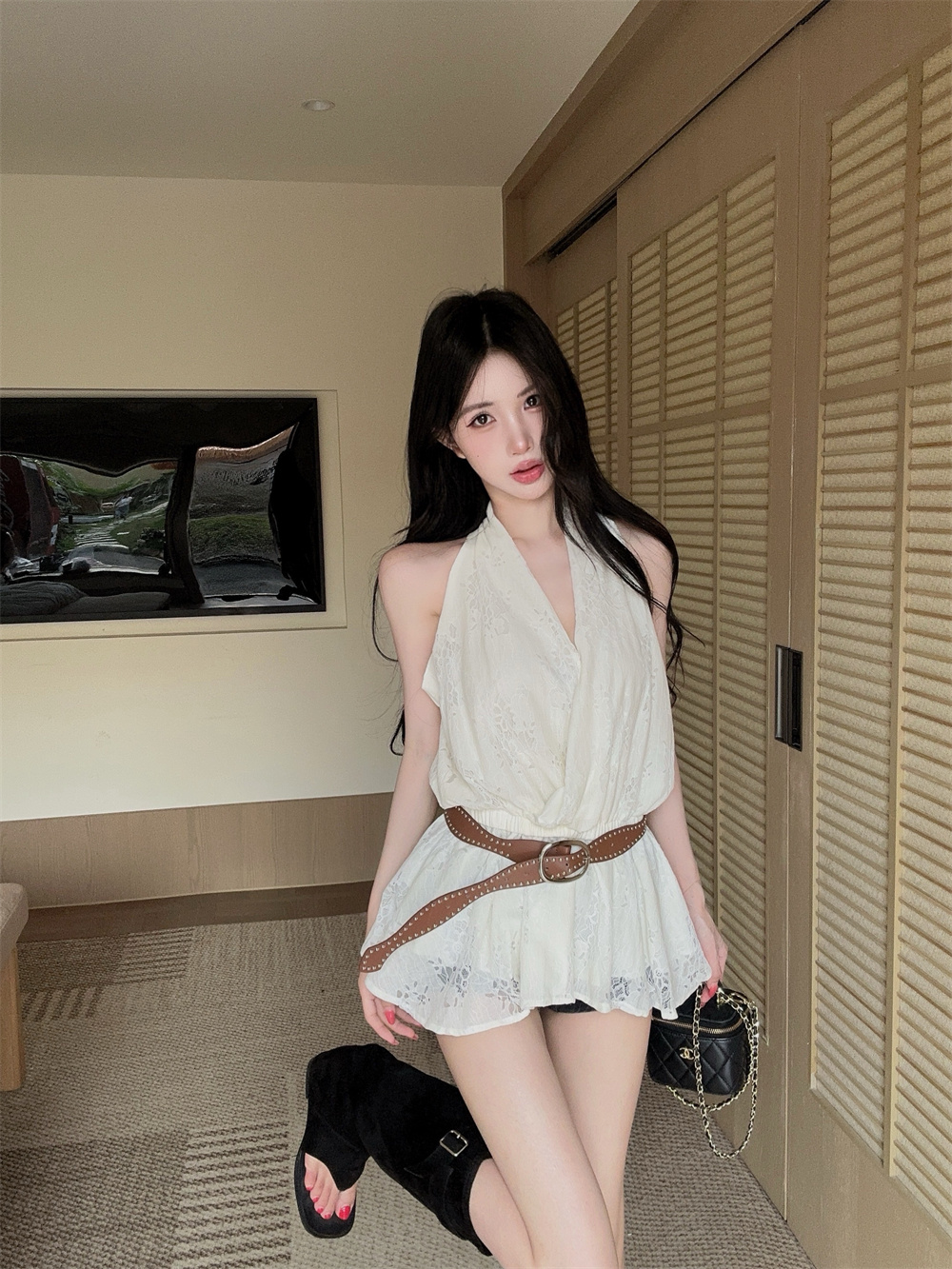 실사 정가 새로운 프랑스식 V넥 행침 목 캐미솔 허리 수축 슬림해 보이는 자카드 맨위 벨트 포함