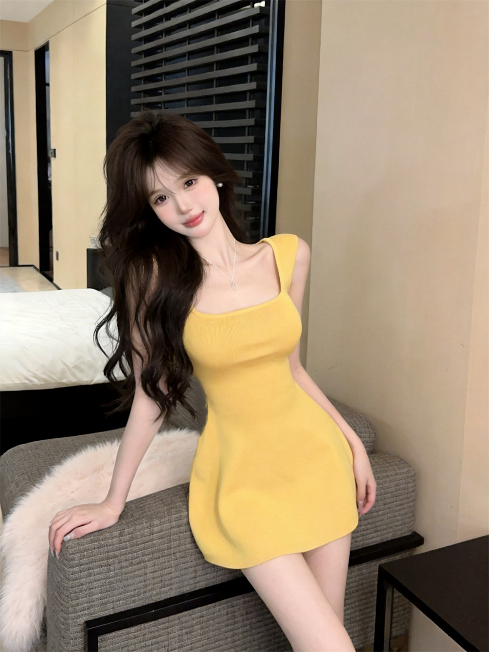실사 정가 프랑스식 광장 칼라 니트 여성 드레스 여름 허리 수축 타이트 스커트 치마 핫걸 꼬집기 허리 미니 스커트