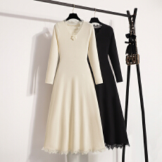 批发实拍大码女装2025秋冬法式花朵针织连衣裙内搭气质收腰中长款裙子