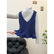 批发实拍秋季气质一整套穿搭小个子韩系通勤藏青色<b class='q'>背心</b>打底衫叠穿套装