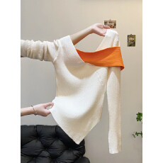 批发秋冬别致法式氛撞色针织<b class='q'>打底衫</b>女内搭设计感修身轻熟正肩<b class='q'>长袖</b>上衣