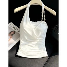 批发辣妹设计感度假风收腰<b class='q'>白色</b>吊带背心荡领挂脖上衣女夏