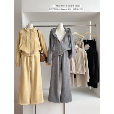 批发运动风连帽加绒卫衣<b class='q'>套装</b>女双拉链短外套阔腿长裤休闲两件套冬