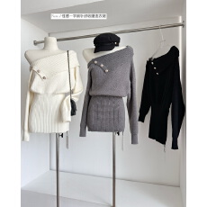 批发Beloved千金金 性感一字肩针织毛衣连衣裙黑色收腰显瘦长袖包臀裙