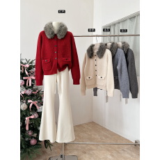 毛毛领冬季复古极简风毛针织衫双口袋设计保暖毛衣开衫