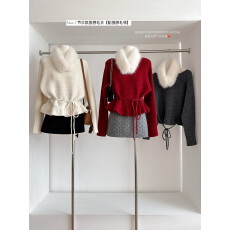 批发圣诞红色绑带<b class='q'>荷叶边</b><b class='q'>毛衣</b>女秋冬氛围感穿搭收腰毛领针织衫内搭上衣