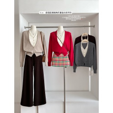 老钱风秋冬系列V领假两件针织开衫女慵懒设计感宽松气质外套上衣