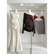 批发温柔风气质斜肩坑条<b class='q'>针织衫</b>女装秋冬<b class='q'>不规则</b>收腰显瘦开叉毛衣