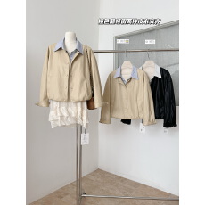 批发2026春条纹衬衣拼接假两件翻领皮衣女宽松显瘦蛋白皮夹克外套