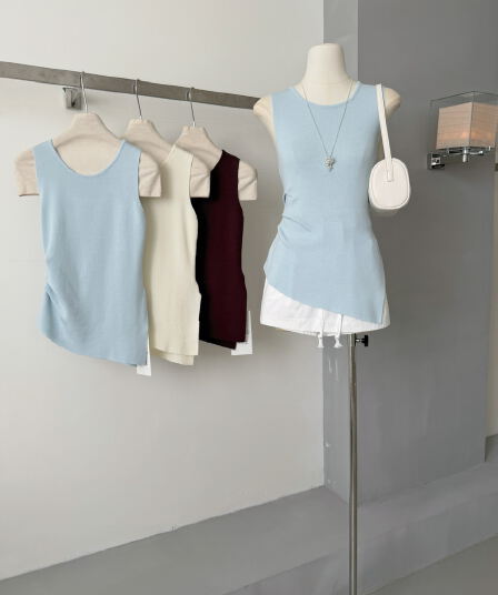 rachel 파리 일러스트레이션 도시 lady 센스 슬림해 보이는 핀치 Pleat 측면 트임 조끼