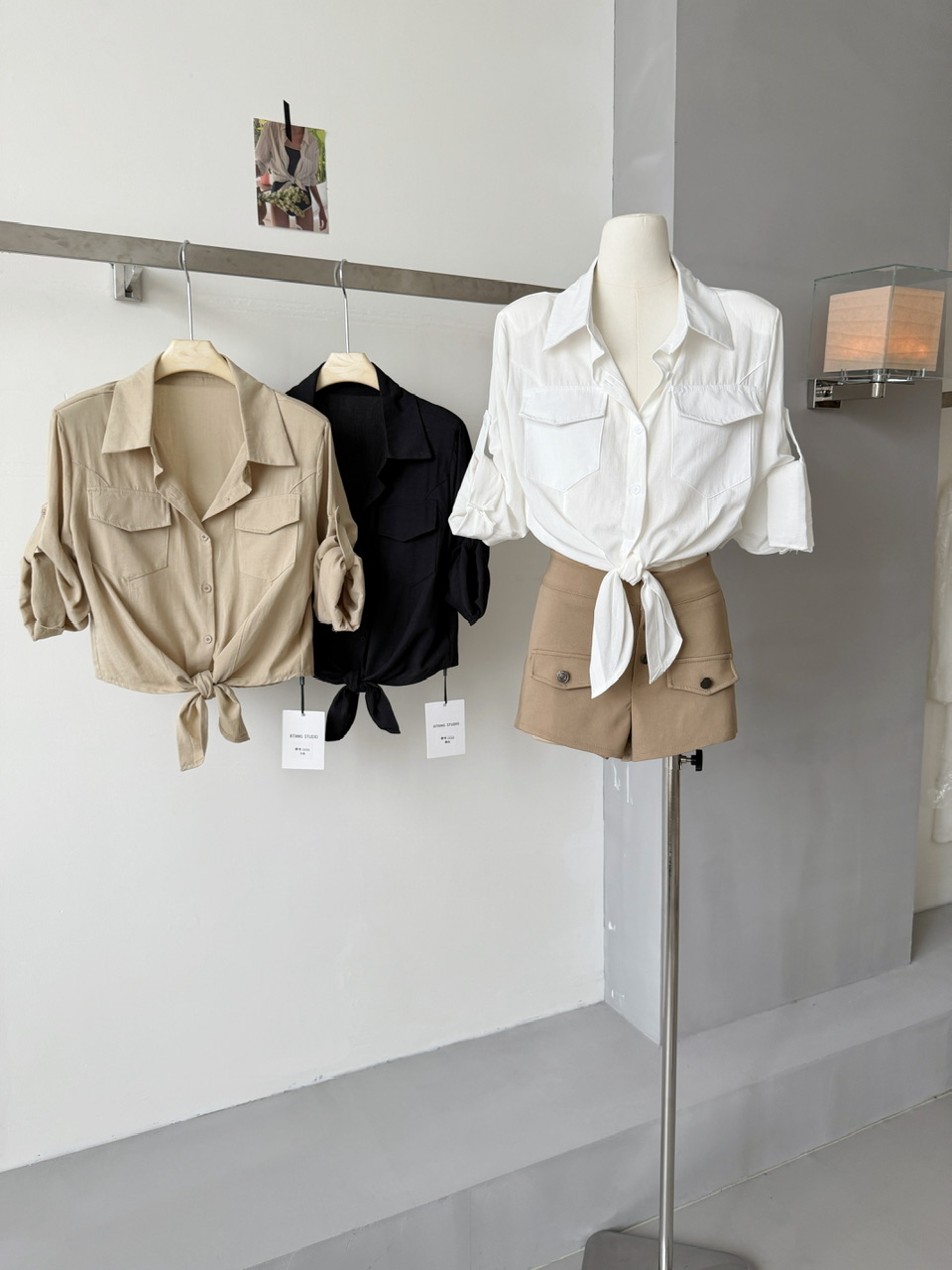 简约翻领宽松通勤固定垫肩衬衫女夏宽松显瘦绑带设计上衣女  服裝批發女裝批發服飾貨源