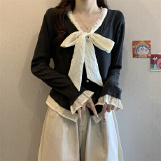 批发法式蝴蝶结V领正肩长袖T恤女2025秋新款<b class='q'>大码</b>胖mm喇叭袖打底衫上衣