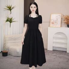 批发大码女装高级感赫本风方领冰丝四面弹<b class='q'>黑色</b><b class='q'>连衣裙</b>2025夏季短袖裙子