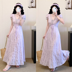 批发大码夏季新款时尚百搭气质温柔风绣花短袖连衣裙收腰显瘦中长裙子