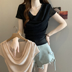 批发<b class='q'>大码</b>胖MM夏季纯欲荡领收腰绑带网纱短袖T恤女修身显瘦设计感上衣