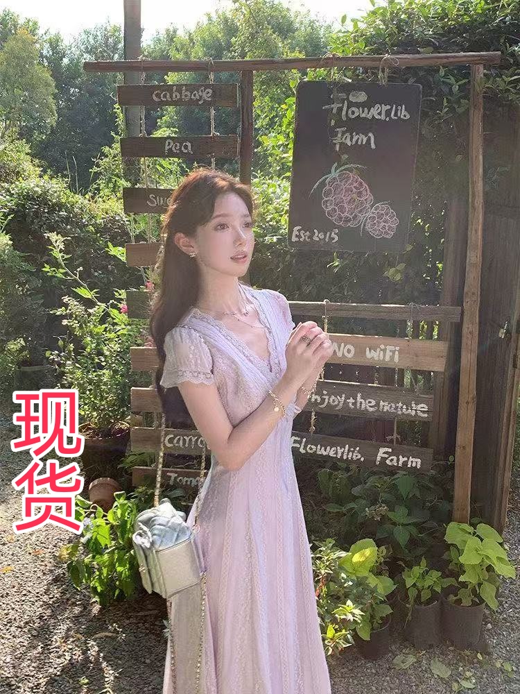 빅 사이즈 지방 mm 여름 새로운 부드러운 보라색 품격 반팔 드레스 여성 의류 패션 외국 가스 V넥 길다 치마