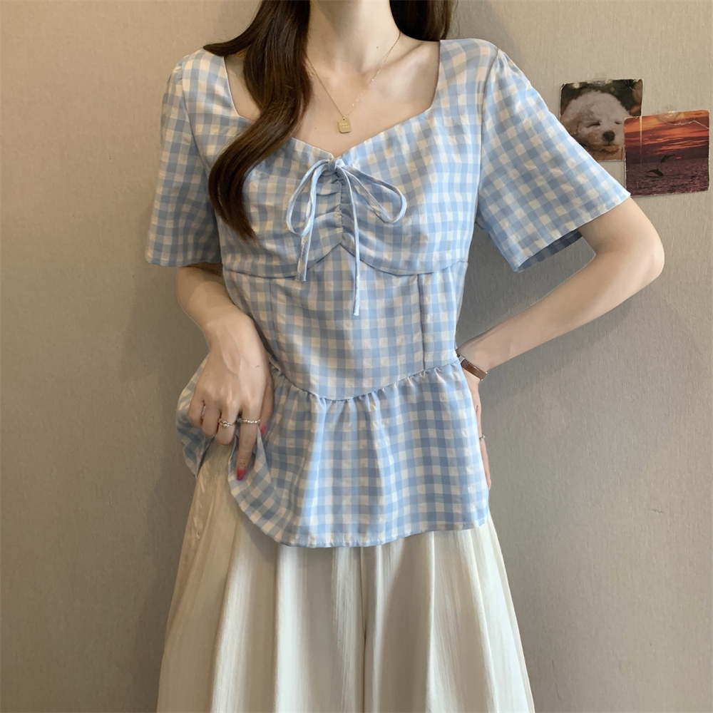 빅 사이즈 여성 의류 지방 mm 체크무늬 여성 셔츠 여름 새로운 디자인 센스 작은 대중 루즈핏 슬림해 보이는 아름다운 반팔 맨위