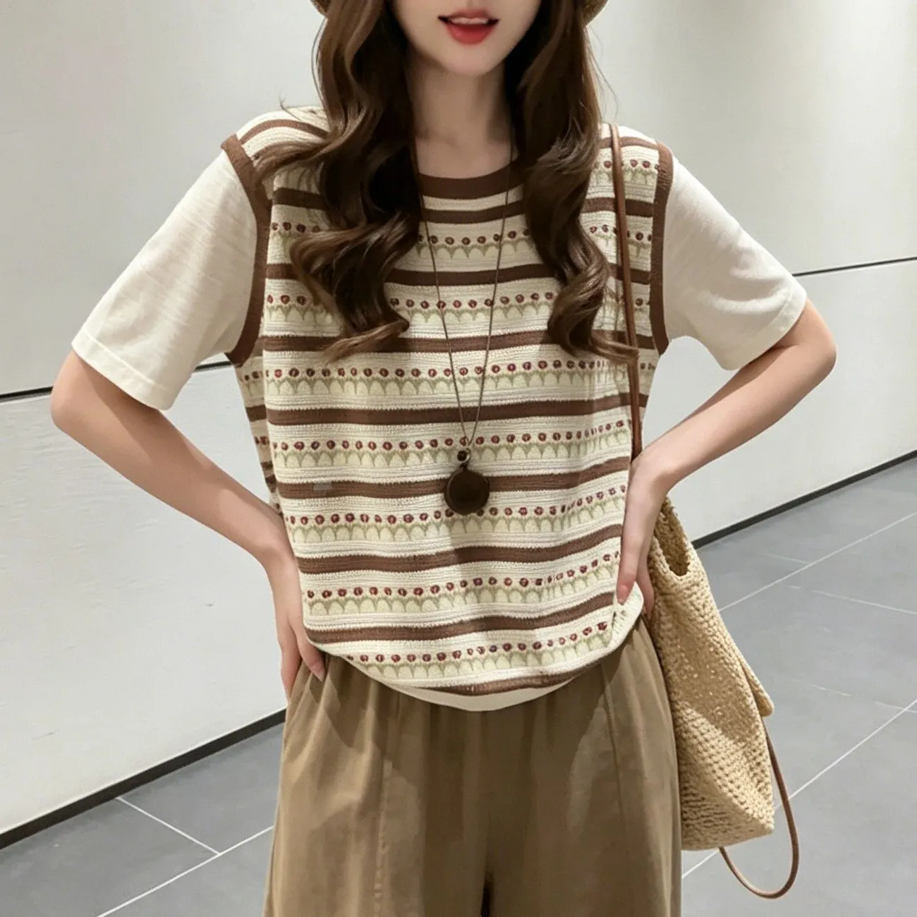 패치워크 페이크 레이어드 반팔 여성 느긋한 바람 라운드 넥 루즈핏 슬림해 보이는 맨위 2026 여름 레트로 미니멀리즘 니트