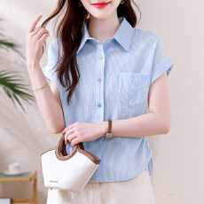 批发polo领正肩衬衫<b class='q'>短袖</b>女2026夏新款小众抽绳收腰宽松百搭衬衣