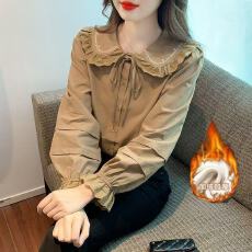 批发2026秋冬加绒加厚甜美日系<b class='q'>娃娃领</b>设计感别致刺绣花边系带长袖<b class='q'>衬衫</b>