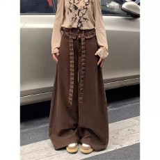 批发拼接格子绑带花边牛仔裤女春秋季2025新款高腰显瘦宽松阔腿长裤子