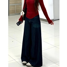 批发秋冬季新款蓝色直筒<b class='q'>牛仔裤</b>女学生百搭宽松显瘦阔腿裤垂坠感拖地裤