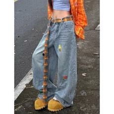 批发复古宽松直筒垂感美式卡通趣味刺绣牛仔<b class='q'>裤</b>女秋季2026新款阔腿<b class='q'>裤</b>子