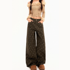 批发复古碎花牛仔裤2026年棕色裤子<b class='q'>女</b>秋冬新款高腰宽松休闲直筒阔腿<b class='q'>裤</b>