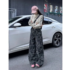 批发美式工装迷彩牛仔裤女2026春秋新款<b class='q'>时尚</b>高腰阔腿宽松显瘦拖地裤潮