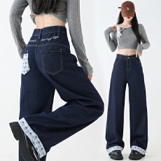 批发阔腿牛仔<b class='q'>裤</b>女宽松深蓝色高腰蝴蝶结<b class='q'>格子</b>拼接a版显瘦垂感拖地<b class='q'>裤</b>潮