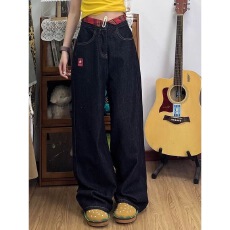 批发美式复古红格拼接kt猫刺绣牛仔裤女2026<b class='q'>春</b>夏新款高腰宽松阔腿长裤