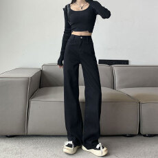 批发<b class='q'>春</b>秋韩版ins宽松黑色直筒牛仔裤女ins潮高腰粗腿显瘦阔腿拖地裤
