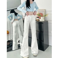 批发白色微喇牛仔裤女2026<b class='q'>春</b>秋新款高腰弹力紧身显瘦喇叭拖地马蹄裤子