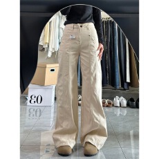 批发杏色工装牛仔裤女<b class='q'>春</b>秋季新款高腰显瘦宽松美式高街直筒拖地长裤子