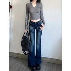 批发美式低腰微喇牛仔裤女秋季<b class='q'>春</b>秋2026年新款修身显瘦加长马蹄喇叭裤