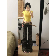 批发迷彩设计感喇叭裤女夏低腰显瘦<b class='q'>休闲裤</b>小个子辣妹微喇工装牛仔裤子